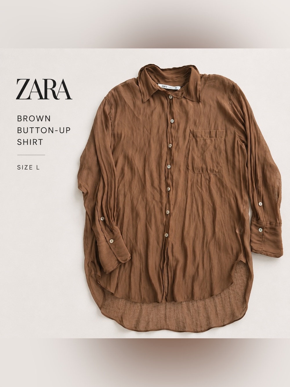 Zara Sheer Brown Long Button Up Shirt Dress / Tunic Size L